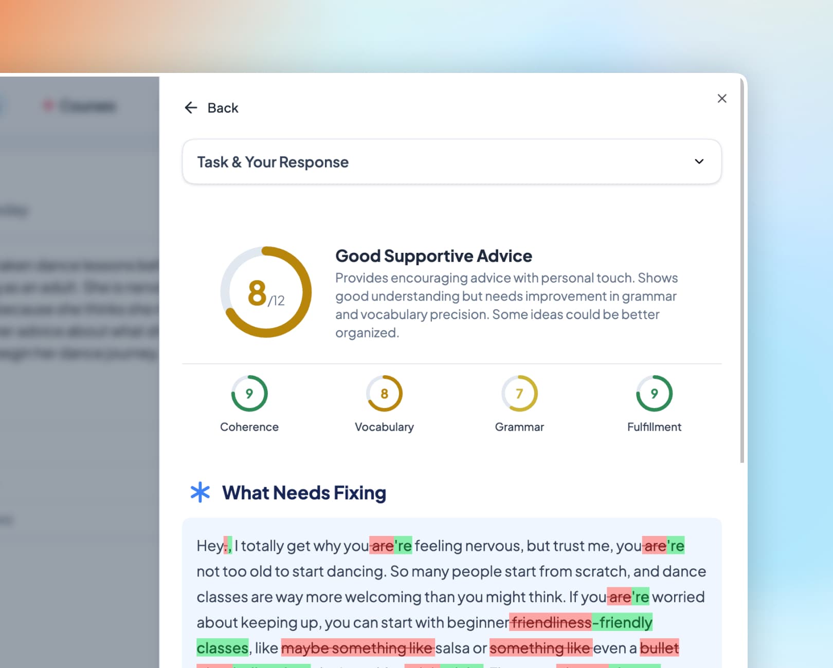 CELTESTPIP AI scoring dashboard showing detailed CELPIP Speaking and Writing feedback